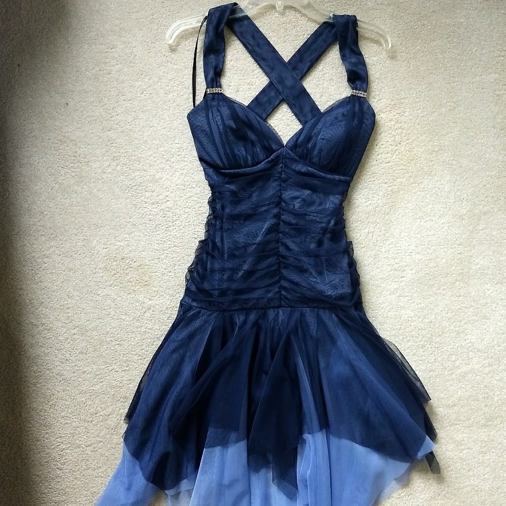 Navy Juniors Homecoming Dress 7/8 Handkerchief Hem